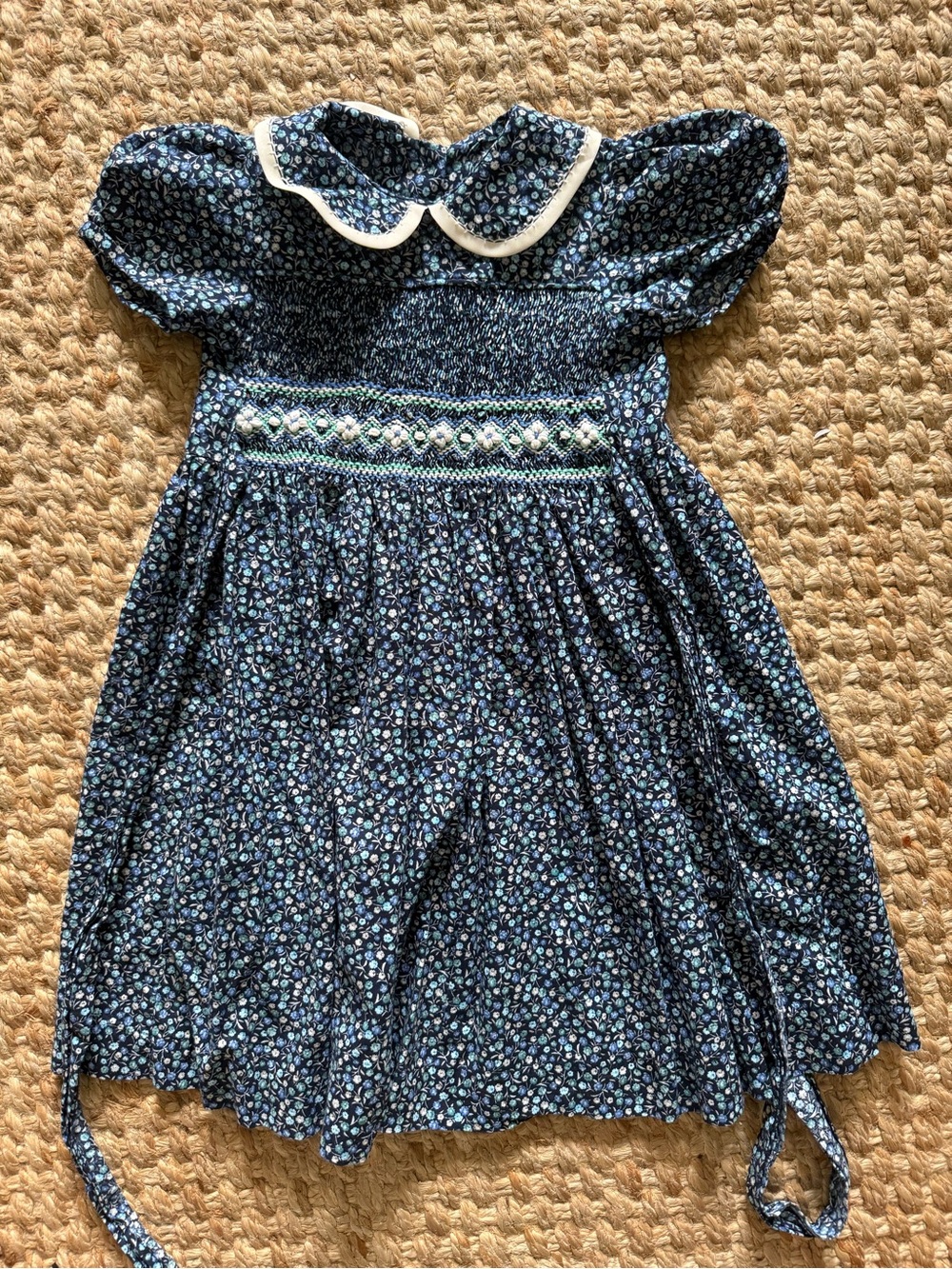 Smocked Floral Peter Pan Collar Kids Dress in Blue